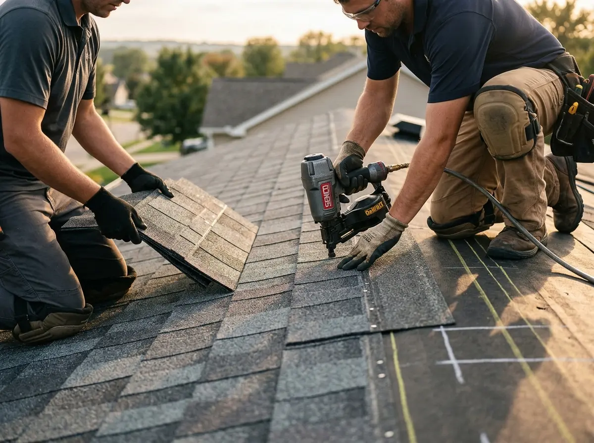 Professional roofer working on a residential roof in Kinnelon